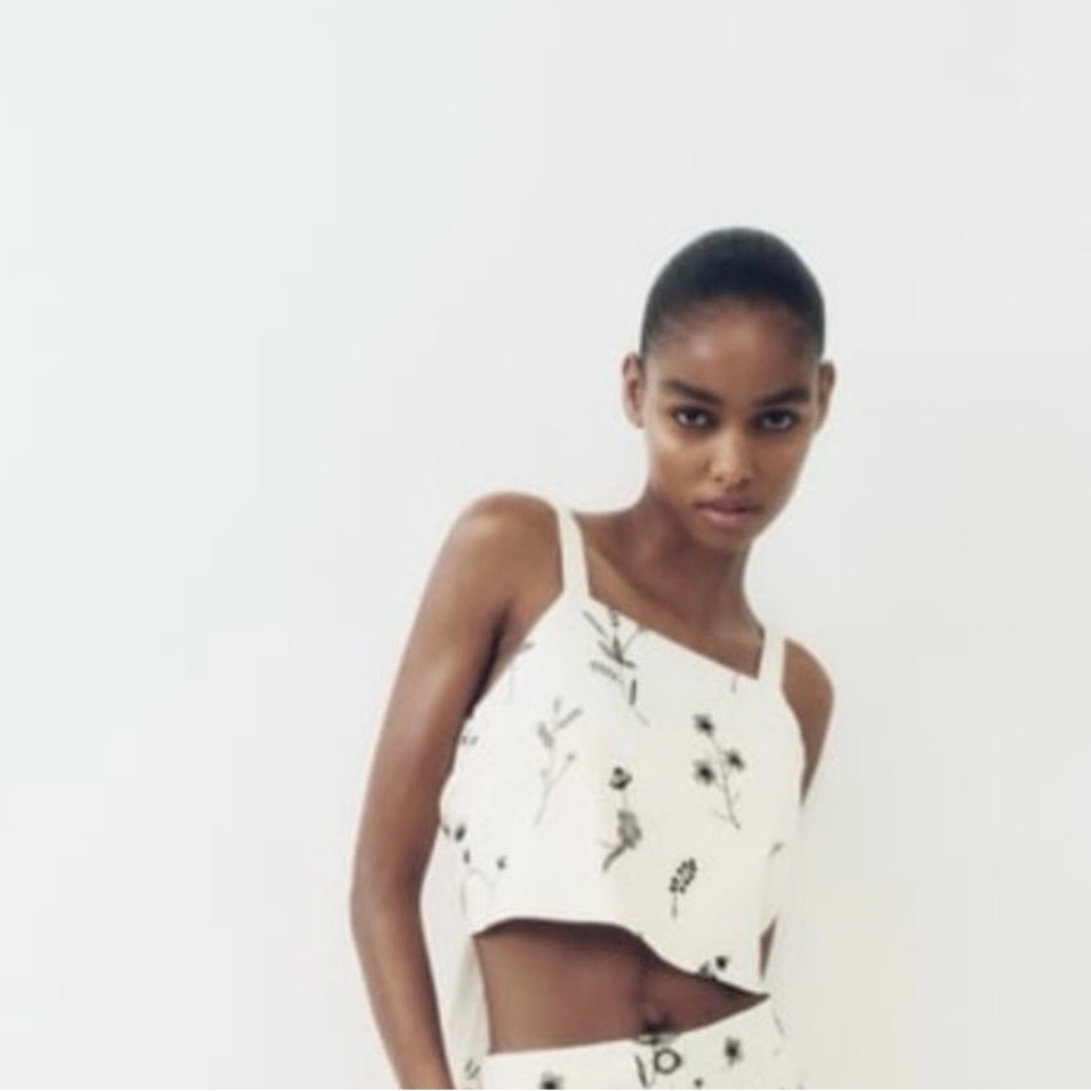 Zara White Cropped Floral-Print Tank